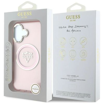 8. Etui Guess IML Metal Mountain Logo MagSafe na iPhone 16 - różowe