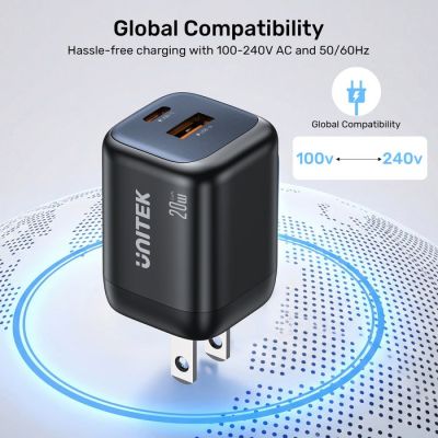 25. UNITEK ŁADOWARKA SIECIOWA 2X GAN USB-C & USB-A 20W CZARNA