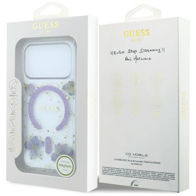 8. Etui Guess Resin Flowers Glitter MagSafe na iPhone 18 Pro Max / 17 Pro Max - fioletowe