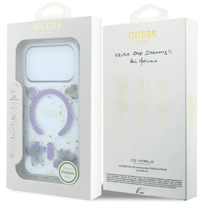 8. Etui Guess Resin Flowers Glitter MagSafe na iPhone 18 Pro Max / 17 Pro Max - fioletowe
