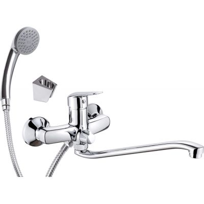 Bateria umywalkowa ścienna z wydłużoną wylewką - podłączenie na wąż i zestaw natryskowy BMO_057M 5908212095621