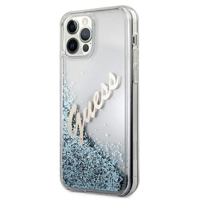 2. Etui Guess Glitter Vintage Script na iPhone 12 Pro Max - niebieskie