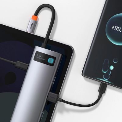 9. Hub Baseus Metal Gleam 8w1 USB-C - USB-C PD 100W 1x HDMI 4K 30Hz 1x czytnik kart SD i microSD 3x USB-A 3.2 1xRJ45 - szary