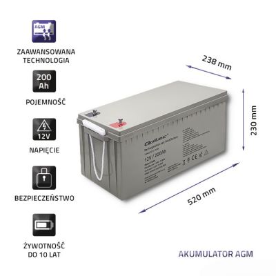 4. QOLTEC AKUMULATOR AGM 12V | 200AH | MAX.3000A