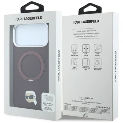 8. Etui Karl Lagerfeld with Ring Stand 360 Karl Head Pin MagSafe na iPhone 18 Pro / 17 Pro - burgundowe