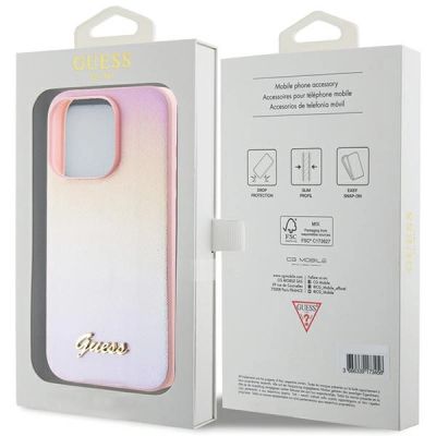 8. Etui Guess Saffiano Iridescent Script na iPhone 15 Pro Max - różowe