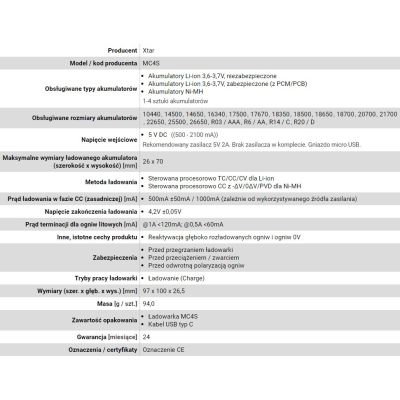 7. XTAR ŁADOWARKA DO AKUMULATORÓW CYLINDRYCZNYCH LI-ION MC4S