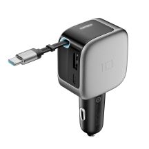 Ładowarka samochodowa Cuktech CC903P 100 W z wyświetlaczem i zwijanym kablem USB-C 70 cm - szara
