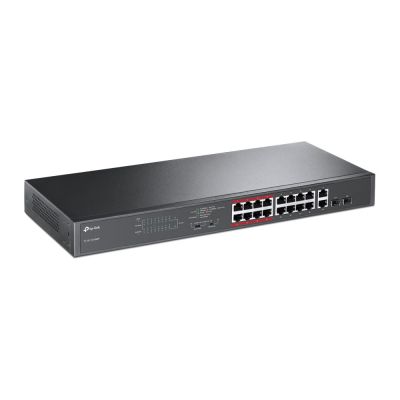 2. Switch PoE TP-LINK TL-SL1218MP (16x 10/100Mbps, 2x 10/100/1000Mbps) , Przełącznik niezarządzalny PoE, 16 portów 10/100 Mb/s, 2 porty gigabitowe , Duża łączna mocy zasilania PoE - do 30 W na każdym porcie PoE i 250 W dla wszystkich portów PoE*.
