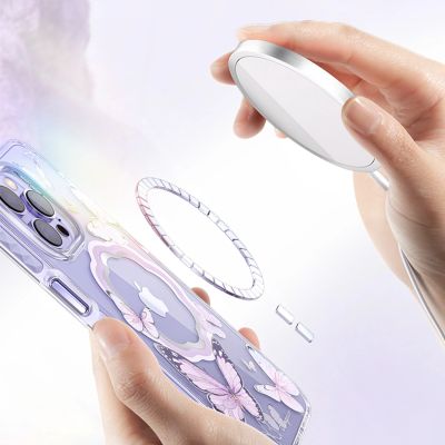 6. Kingxbar Butterfly Series magnetyczne etui iPhone 14 Plus MagSafe etui z motylami różowe