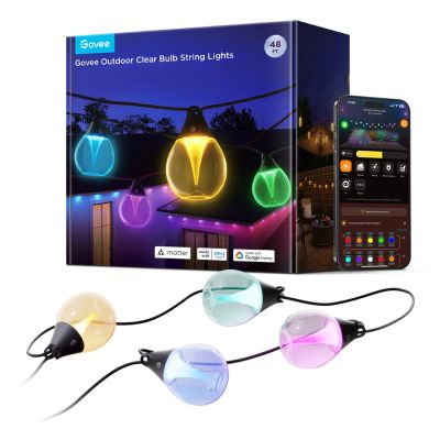 3. Oświetlenie LED Govee H7025 RGBICW Outdoor String Lights, Zewnętrzne, 14.63m, 2.4GHz Wi-Fi + Bluetooth