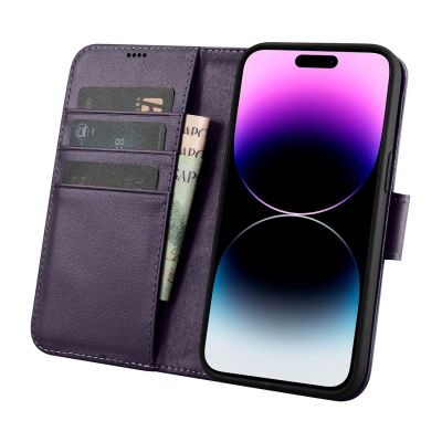 3. iCarer Wallet Case 2in1 etui iPhone 14 Pro skórzany pokrowiec z klapką Anti-RFID ciemnofioletowy (WMI14220726-DP)