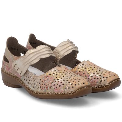 3. Skórzane półbuty damskie na rzep ażurowe multikolor Rieker 41399-92