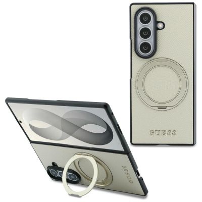 Etui Guess Magnetic Ring Stand Grained Classic Logo MagSafe na Samsung Galaxy Z Fold 8 Ultra - beżowe