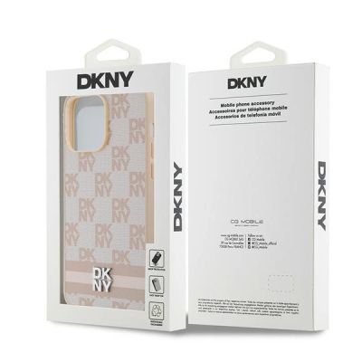 8. Etui DKNY Leather Checkered Mono Pattern & Printed Stripes na iPhone 14 Pro Max - różowe