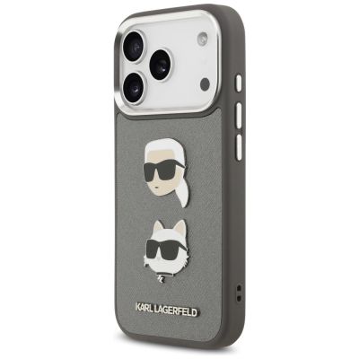 2. Etui Karl Lagerfeld FW Grained Karl & Choupette Heads Pins & Logo na iPhone 17 Pro - szare