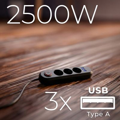 18. MACLEAN LISTWA ZASILAJĄCA, PRZEDŁUŻACZ 3 GNIAZDA + 3XUSB, 110-240V AC 50/60HZ, 2.1A MAX 2500W, 1,5M, CZARNA MCE394 B