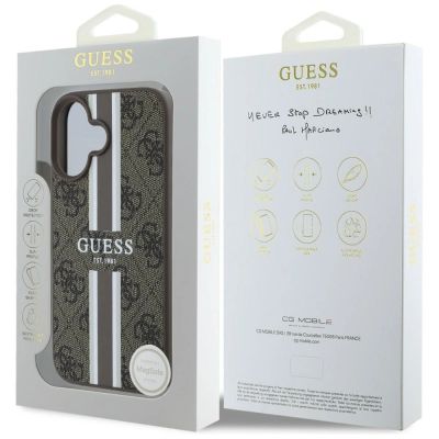 16. Etui Guess 4G Printed Stripes MagSafe na iPhone 16 - brązowe