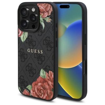 Etui Guess 4G Flowers Print MagSafe na iPhone 16 Pro 6.3" - czarne