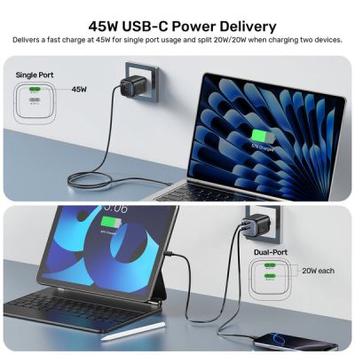 14. UNITEK ŁADOW. SIECIOWA 2X GAN 45W, 2XUSB-C PD 3.0, QC, CZARNA