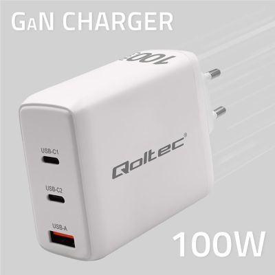 3. Qoltec Ładowarka sieciowa 100W GaN  | 5-20V | 1.5-5A | 2 x USB-C PD | 1 x USB QC 3.0 | Biała
