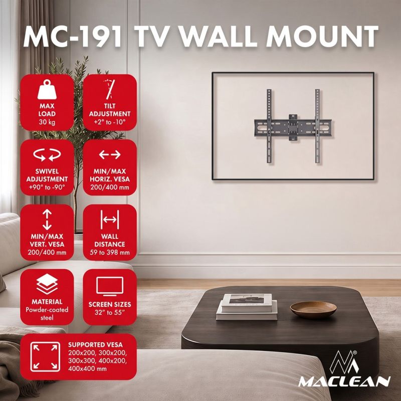 6. MACLEAN UCHWYT WIESZAK DO TV 32-55'' UCHWYT / WIESZAK DO TV MACLEAN, MAX VESA 400X400, 32-55", DO 30KG, CZARNY, REG. POCHYŁU