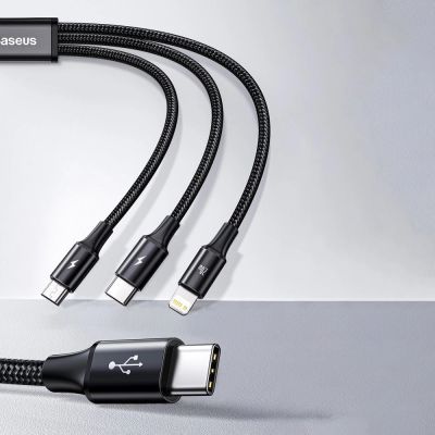12. Kabel Baseus Rapid Series 3w1 USB-C - USB-C / Lightning / micro USB 20W PD 1.5m - zielony