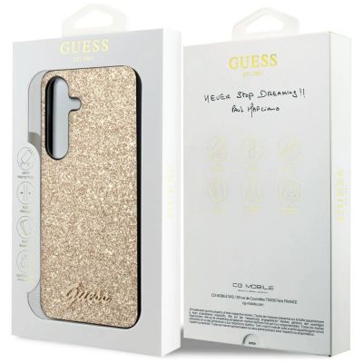 8. Etui Guess Glitter Script na Samsung Galaxy S24 - złote