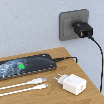 2. Ładowarka sieciowa Dudao A23LEU 2.4A GaN EU USB-A z kablem USB-A - Lightning - biała