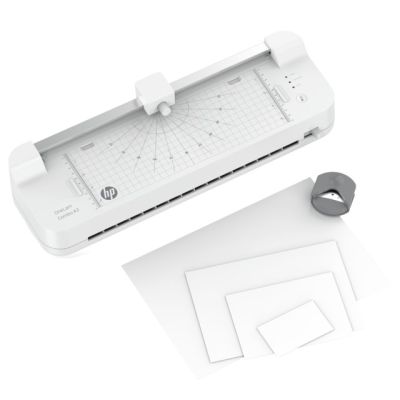 13. HP Laminator ONELAM COMBO A3, na zimno/gorąco, zintegrowany trymer, zaokrąglacz rogów, prędkość 40cm/min + 15 folii: 3xA4, 4xA5, 4xA6, 4xB-CARD, biały