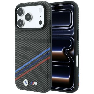 Etui BMW M Quadrille Kevlar Print Tricolor Lines & Metal Logo MagSafe na iPhone 18 Pro Max / 17 Pro Max - ciemnoszare