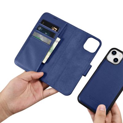 14. iCarer Wallet Case 2in1 etui iPhone 14 Plus skórzany pokrowiec z klapką Anti-RFID niebieski (WMI14220727-BU)