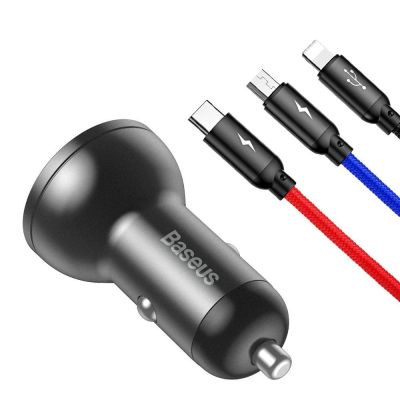 3. Baseus ładowarka samochodowa 2x USB 4,8A 24W z LCD + kabel 3w1 USB - USB Typ C / micro USB / Lightning 1,2m czarny (TZCCBX-0G)