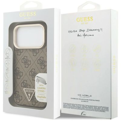 8. Etui Guess 4G PU Triangle Logo & Stand Camera Magsafe na iPhone 18 Pro / 17 Pro - brązowe