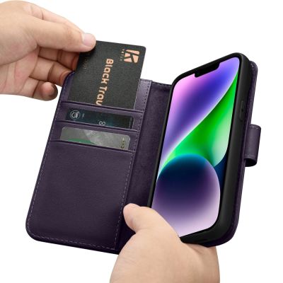 16. iCarer Wallet Case 2in1 etui iPhone 14 Plus skórzany pokrowiec z klapką Anti-RFID ciemnofioletowy (WMI14220727-DP)