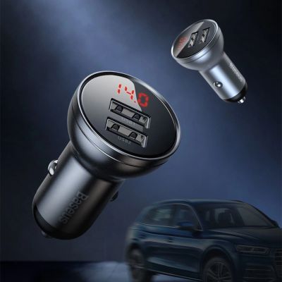 7. Baseus ładowarka samochodowa 2x USB 4,8A 24W z LCD + kabel 3w1 USB - USB Typ C / micro USB / Lightning 1,2m czarny (TZCCBX-0G)