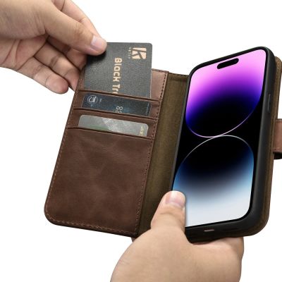 13. iCarer Oil Wax Wallet Case 2in1 etui iPhone 14 Pro skórzany pokrowiec z klapką Anti-RFID brązowy (WMI14220722-BN)