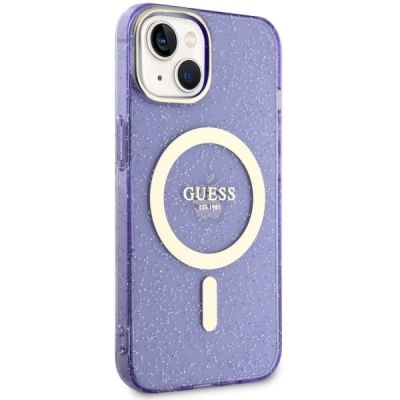 4. Etui Guess Glitter Gold MagSafe na iPhone 14 - purpurowe