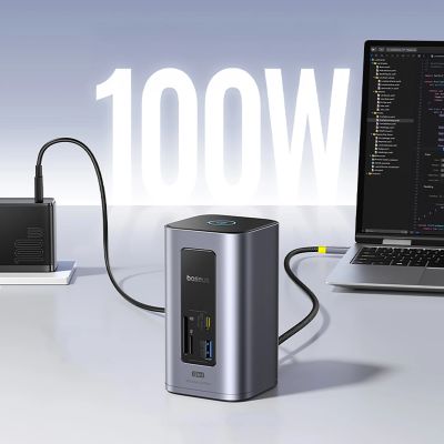 11. Stacja dokująca Baseus NU1 Air Spacemate hub 12w1 USB-C - 2xHDMI 4K@60Hz 2xUSB-C 10Gb/s 2xUSB-A 5Gb/s 2xUSB-A (480Mb/s) RJ45 SD/microSD 3.0 USB-C (PD) - szara