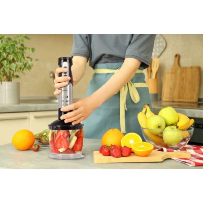 12. ELDOM BLENDER WIELOFUNKCYJNY BL250 VEXI 800W CZARNO-SREBRNY METALOWA KOŃCÓWKA DO ROZDRABNIANIA, POJEMNIK Z NOŻEM SIEKAJĄCYM O