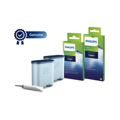 7. Zestaw akcesoriów do czyszczenia ekspresów Philips CA6707/10 (2 wkłady filtra AquaClean, 6 saszetek ze środkiem do czyszczenia obiegu mleka, 6 tabletek do usuwania oleju kawowego, Smar)