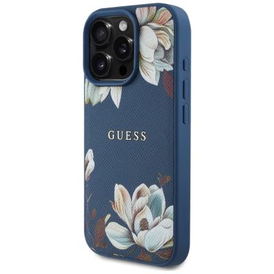 2. Etui Guess Grained Printed Flower Pattern MagSafe do iPhone 16 Pro niebieski