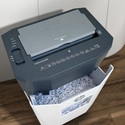8. Niszczarka HP OneShred Auto 80CC HPN281780CCOF-05 rozdrabnianie krzyżowe 68dB 22cm Biała