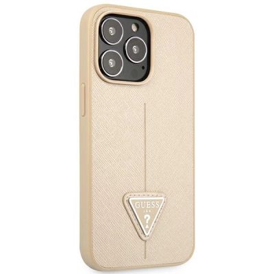 4. Etui Guess Saffiano Triangle Logo na iPhone 14 Pro - beżowe