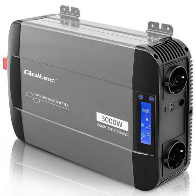 5. Qoltec Przetwornica napięcia Pure Sine Wave | 12V na 230V | 1500/3000W | LCD | USB | USB-C | Kompatybilna z LiFePO4 GEL AGM