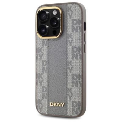 2. Etui DKNY Leather Checkered Mono Pattern MagSafe na iPhone 14 Pro - beżowe