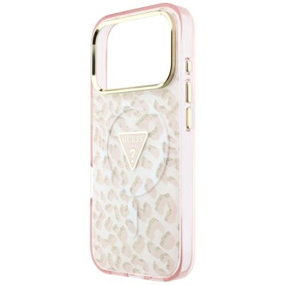 6. Etui Guess IML Leopard Glitter Triangle Logo MagSafe na iPhone 17 Pro / 18 Pro - różowe