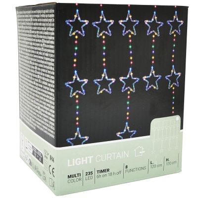 LAMPKI CHOINKOWE KURTYNA ŚWIETLNA 120x120 CM 235LED MULTIKOLOR GWIAZDKI