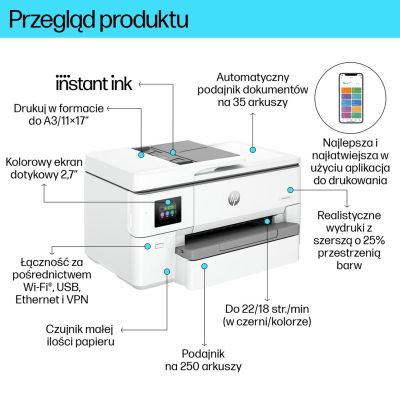 6. HP OfficeJet Pro 9720e Bezprzewodowe All-in-One W kolorze Drukarka, Drukowanie dwustronne; Kopiowanie, skanowanie