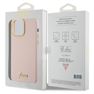 8. Etui Guess Silicone Script Metal Logo & Frame na iPhone 15 Pro - różowe